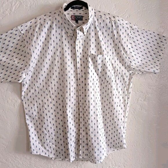 Ralph Lauren Mens Chaps Sz XL Button Down Short Sleeve  White W/ Logo Graphic - Picture 1 of 13